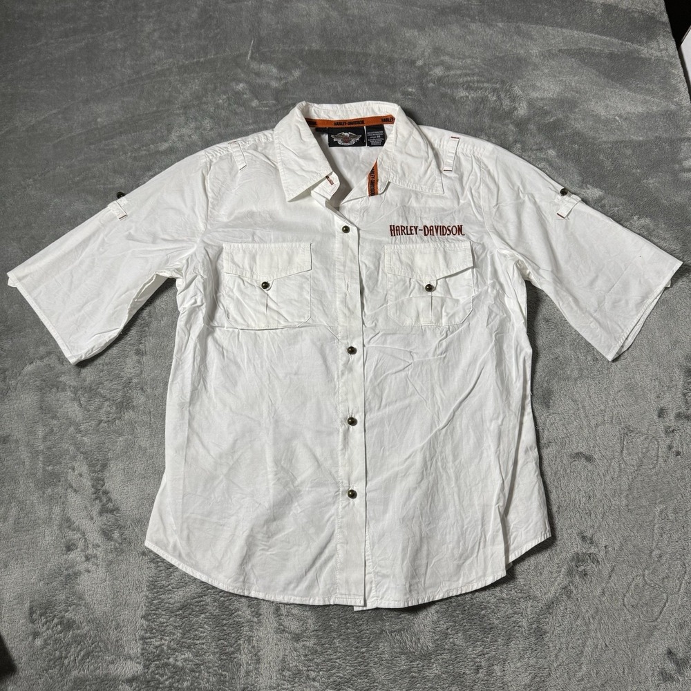 VTG Y2K Harley Davidson Womens Roll Up‎ Sleeve Button Shirt Size M